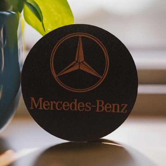 Set of 6 Car Logo Theme Round Wood Drink Coasters. Stylish and made to order. With Bumper Feet.