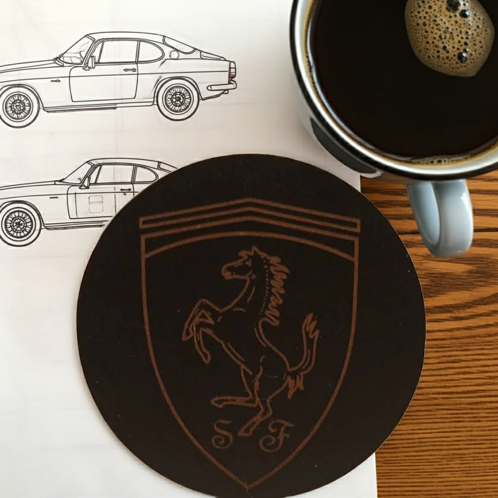 Set of 6 Car Logo Theme Round Wood Drink Coasters. Stylish and made to order. With Bumper Feet.