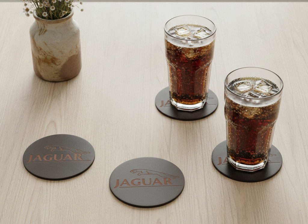 Set of 6 Car Logo Theme Round Wood Drink Coasters. Stylish and made to order. With Bumper Feet.