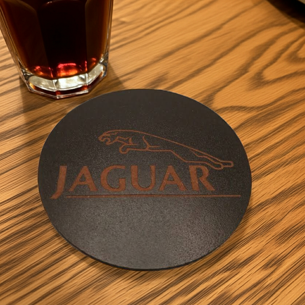 Set of 6 Car Logo Theme Round Wood Drink Coasters. Stylish and made to order. With Bumper Feet.