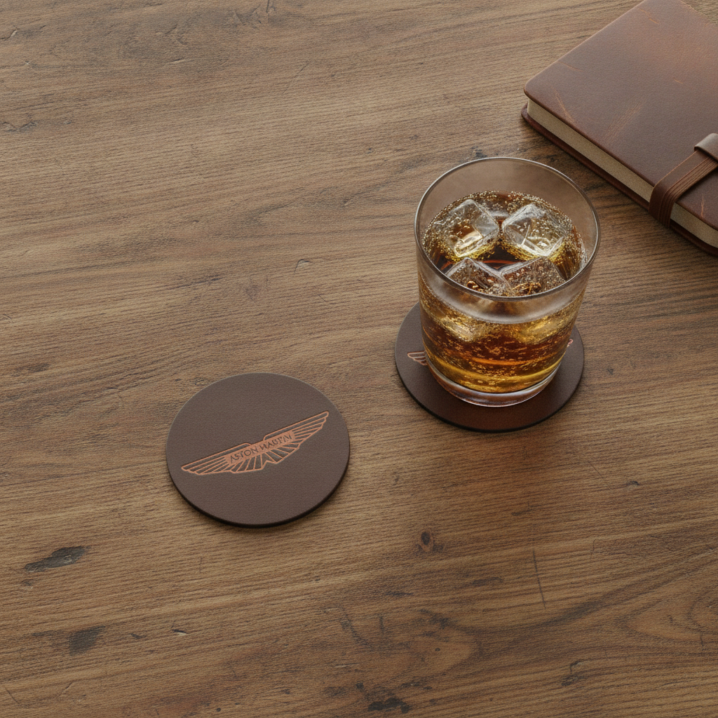 Set of 6 Car Logo Theme Round Wood Drink Coasters. Stylish and made to order. With Bumper Feet.