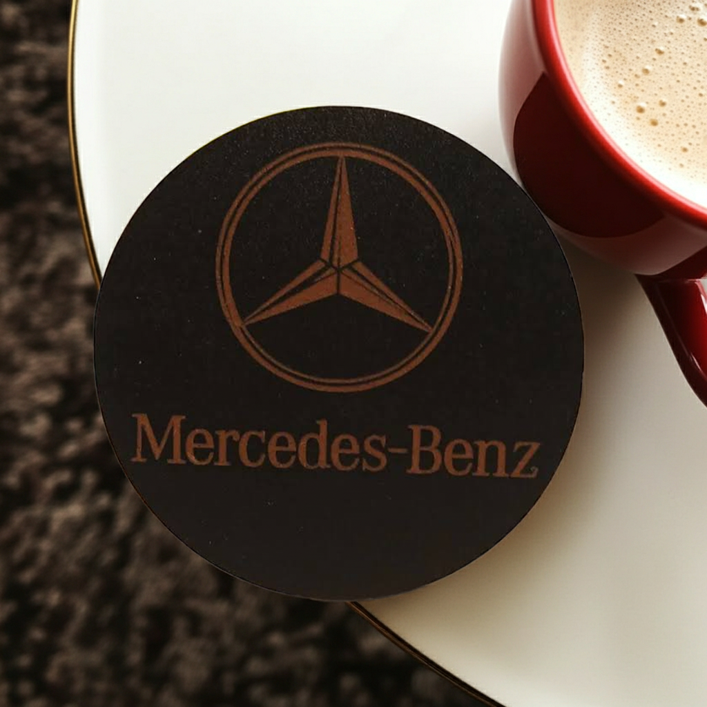 Set of 6 Car Logo Theme Round Wood Drink Coasters. Stylish and made to order. With Bumper Feet.