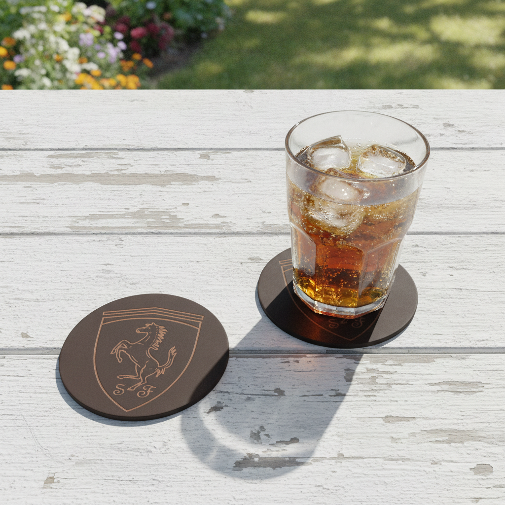 Set of 6 Car Logo Theme Round Wood Drink Coasters. Stylish and made to order. With Bumper Feet.