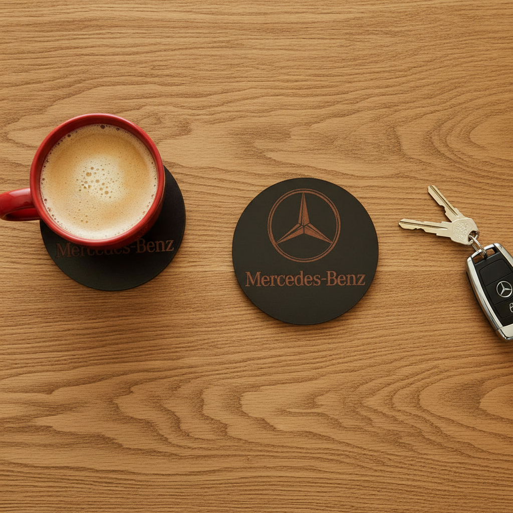 Set of 6 Car Logo Theme Round Wood Drink Coasters. Stylish and made to order. With Bumper Feet.