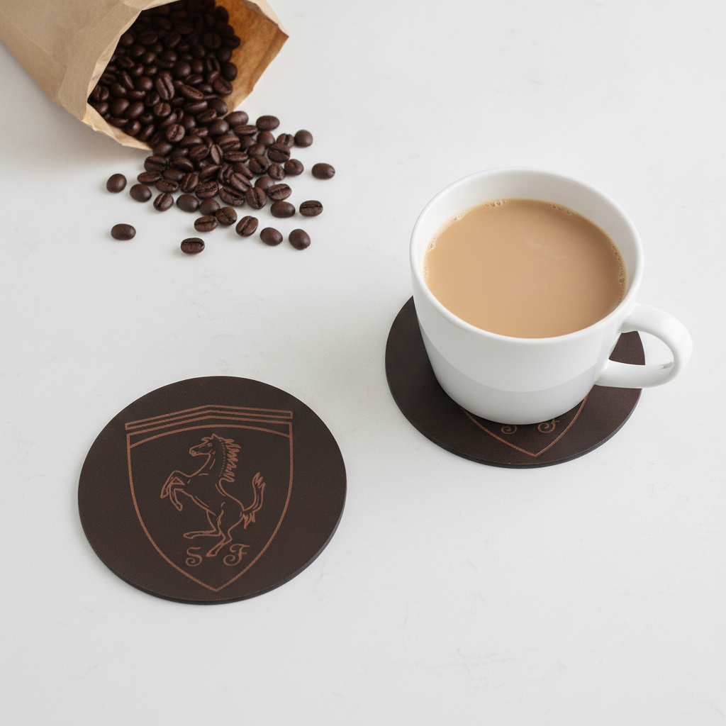 Set of 6 Car Logo Theme Round Wood Drink Coasters. Stylish and made to order. With Bumper Feet.