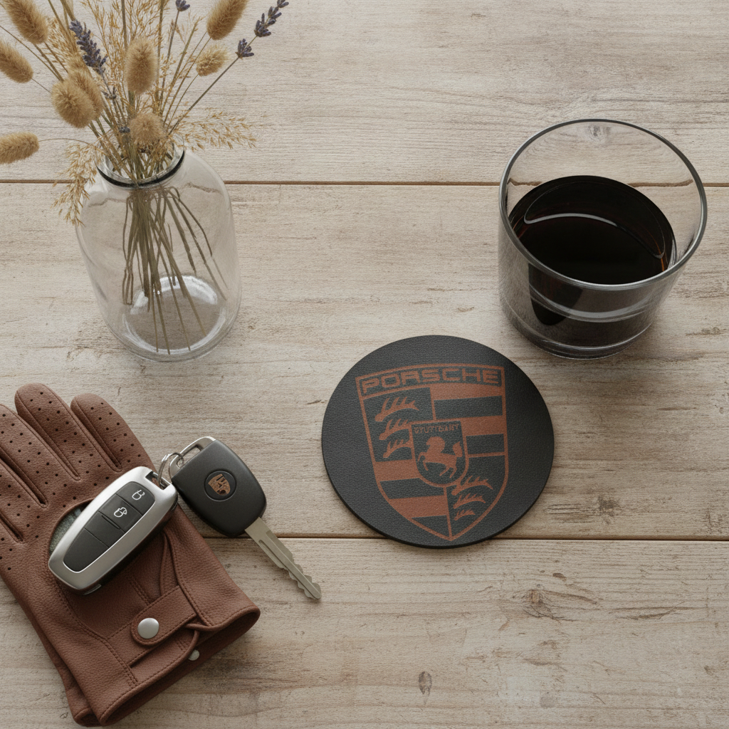 Set of 6 Car Logo Theme Round Wood Drink Coasters. Stylish and made to order. With Bumper Feet.