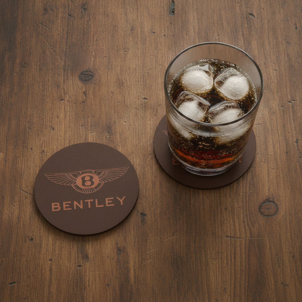 Set of 6 Car Logo Theme Round Wood Drink Coasters. Stylish and made to order. With Bumper Feet.