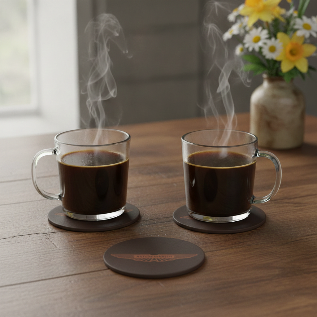 Set of 6 Car Logo Theme Round Wood Drink Coasters. Stylish and made to order. With Bumper Feet.