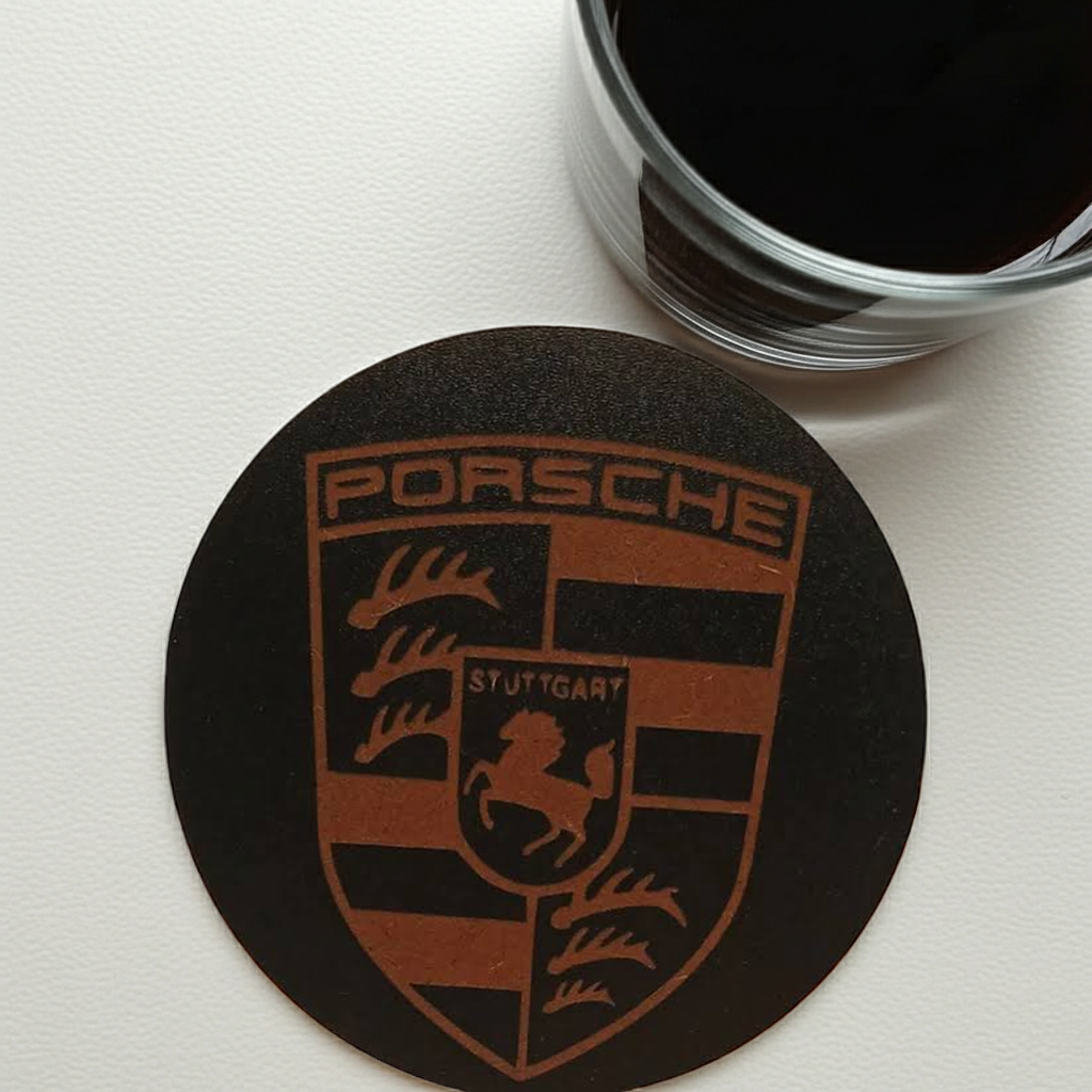 Set of 6 Car Logo Theme Round Wood Drink Coasters. Stylish and made to order. With Bumper Feet.