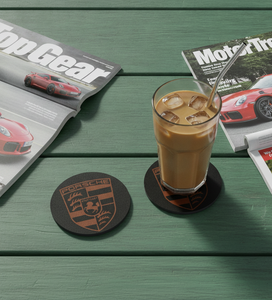 Set of 6 Car Logo Theme Round Wood Drink Coasters. Stylish and made to order. With Bumper Feet.