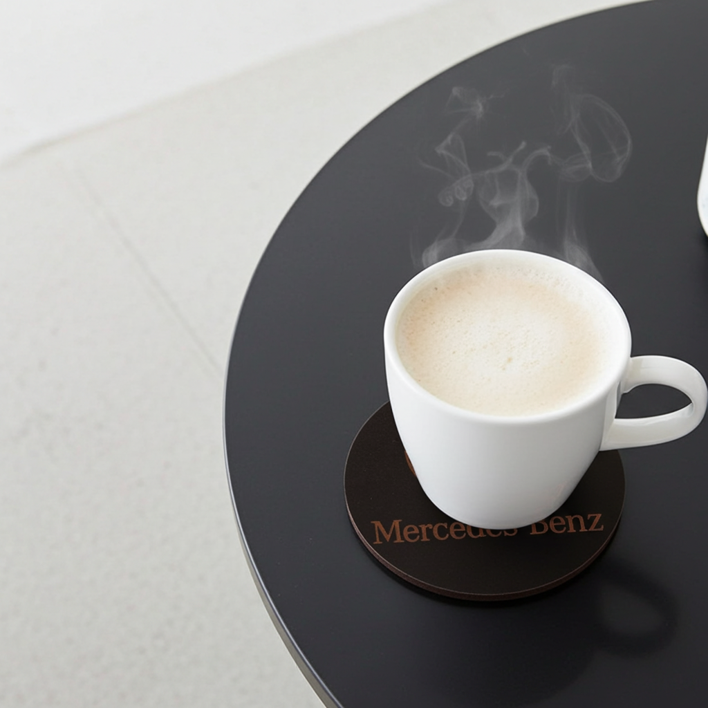 Set of 6 Car Logo Theme Round Wood Drink Coasters. Stylish and made to order. With Bumper Feet.