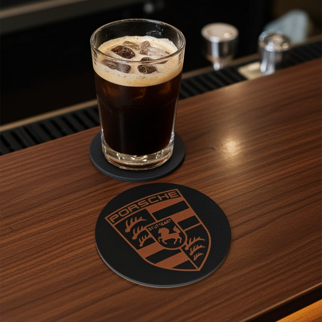 Set of 6 Car Logo Theme Round Wood Drink Coasters. Stylish and made to order. With Bumper Feet.