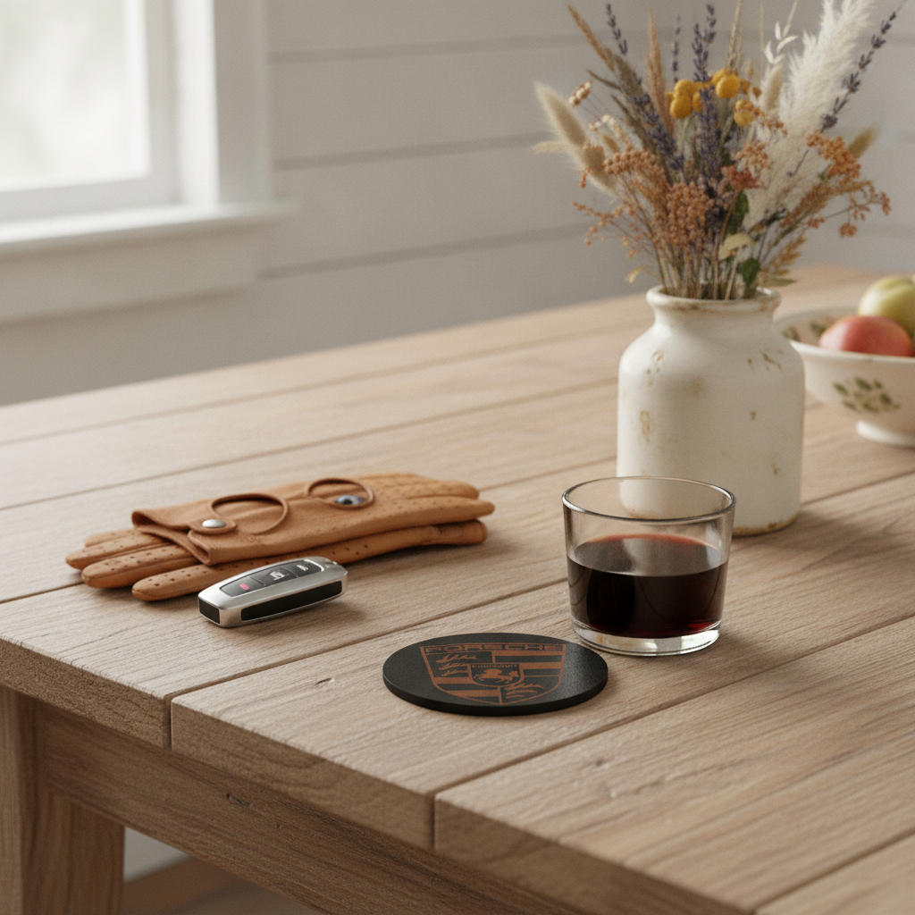 Set of 6 Car Logo Theme Round Wood Drink Coasters. Stylish and made to order. With Bumper Feet.