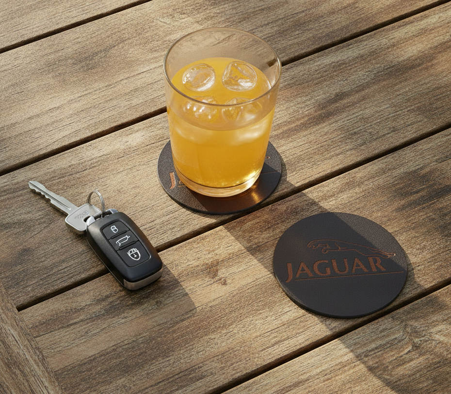 Set of 6 Car Logo Theme Round Wood Drink Coasters. Stylish and made to order. With Bumper Feet.