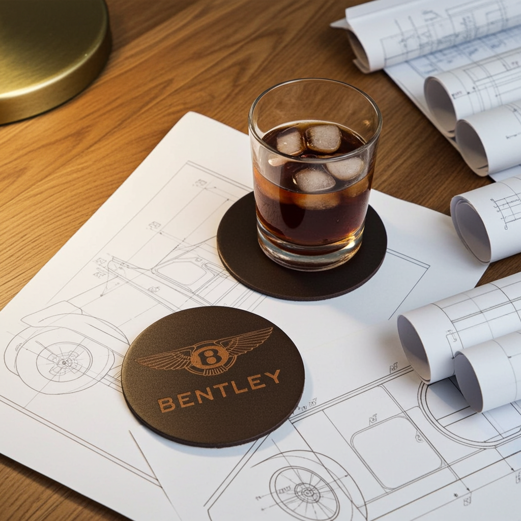 Set of 6 Car Logo Theme Round Wood Drink Coasters. Stylish and made to order. With Bumper Feet.