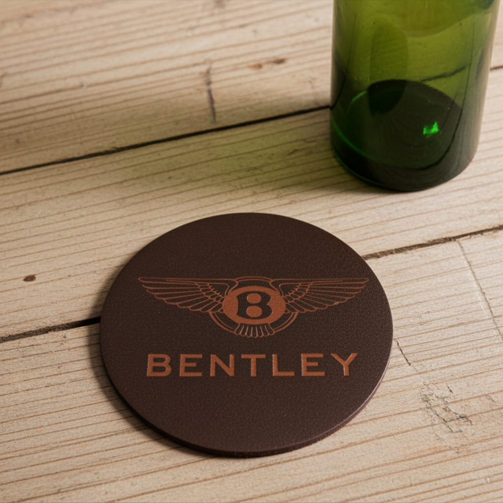 Set of 6 Car Logo Theme Round Wood Drink Coasters. Stylish and made to order. With Bumper Feet.