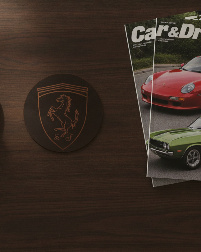 Set of 6 Car Logo Theme Round Wood Drink Coasters. Stylish and made to order. With Bumper Feet.