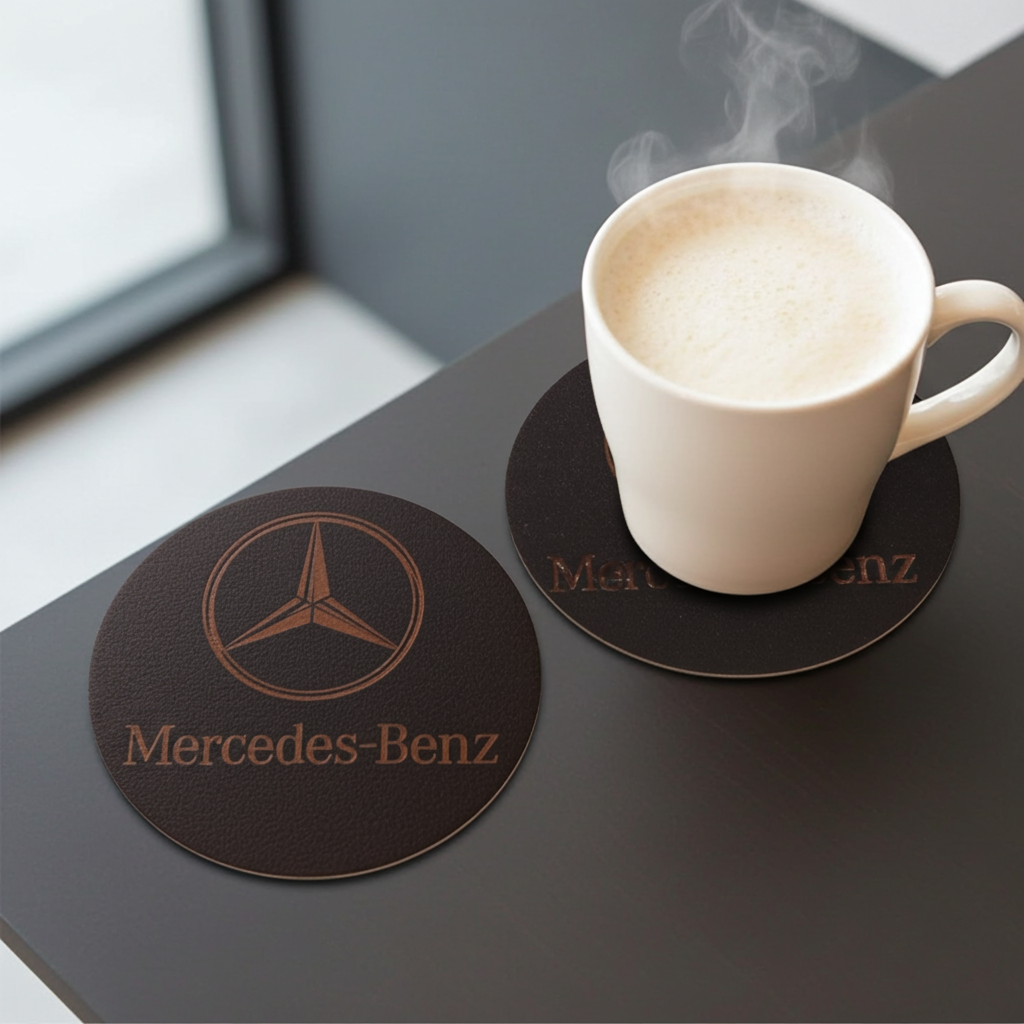 Set of 6 Car Logo Theme Round Wood Drink Coasters. Stylish and made to order. With Bumper Feet.