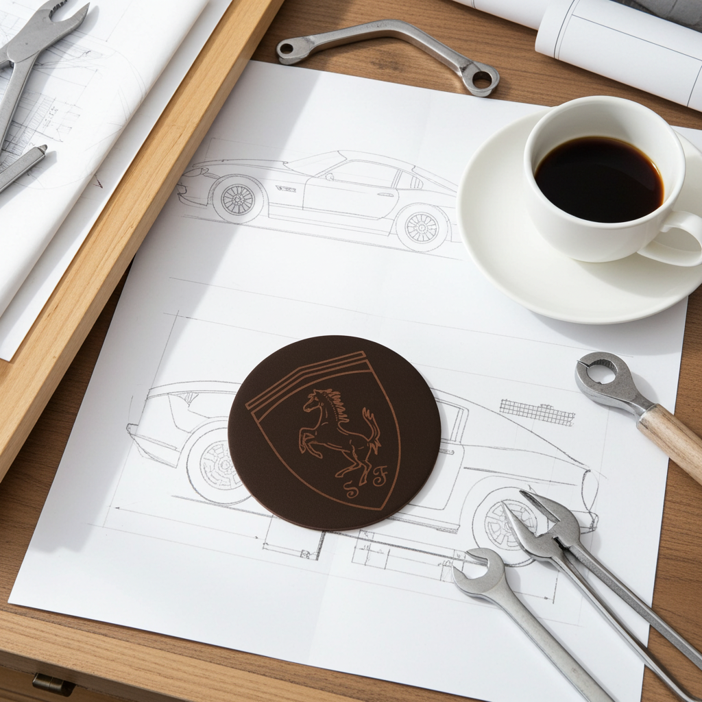 Set of 6 Car Logo Theme Round Wood Drink Coasters. Stylish and made to order. With Bumper Feet.