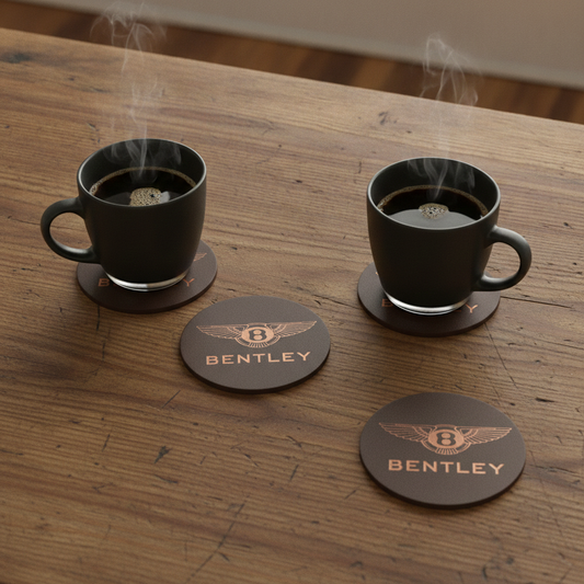 Set of 6 Car Logo Theme Round Wood Drink Coasters. Stylish and made to order. With Bumper Feet.