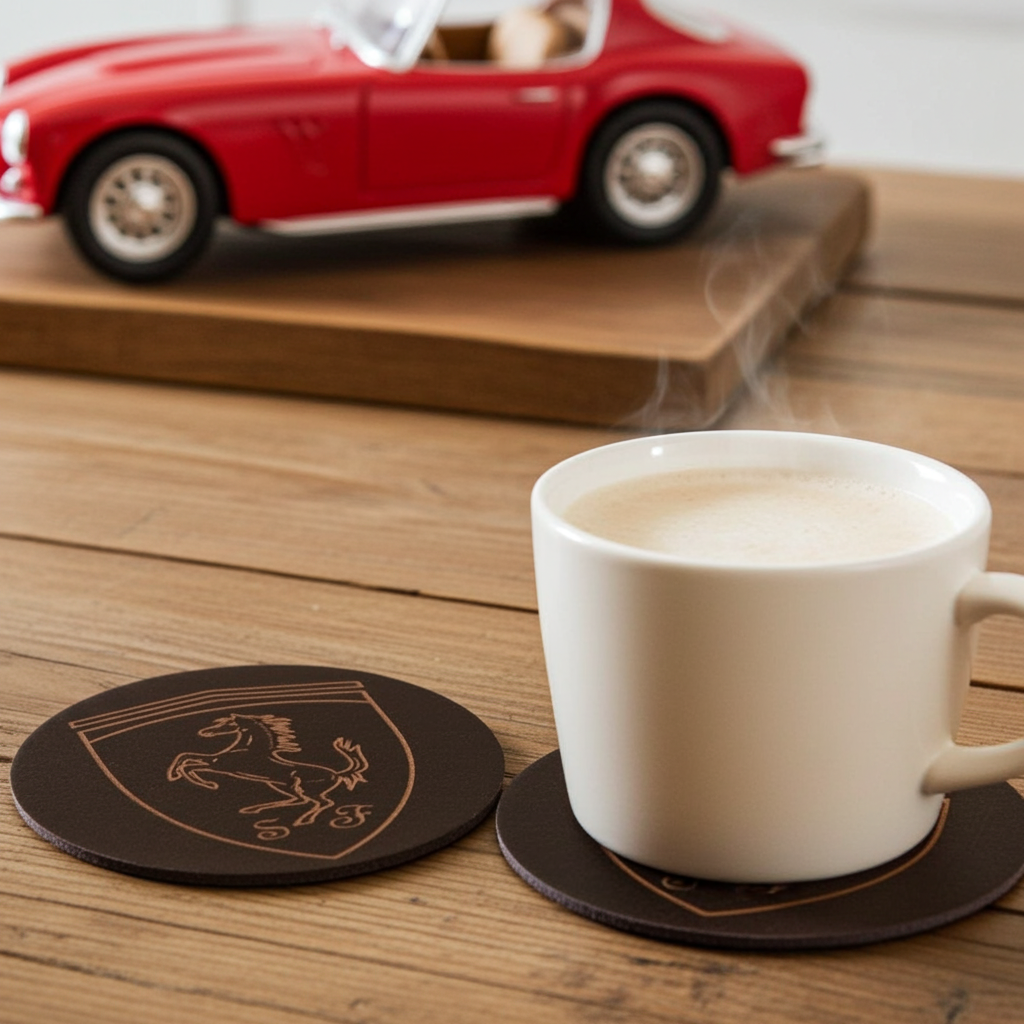 Set of 6 Car Logo Theme Round Wood Drink Coasters. Stylish and made to order. With Bumper Feet.