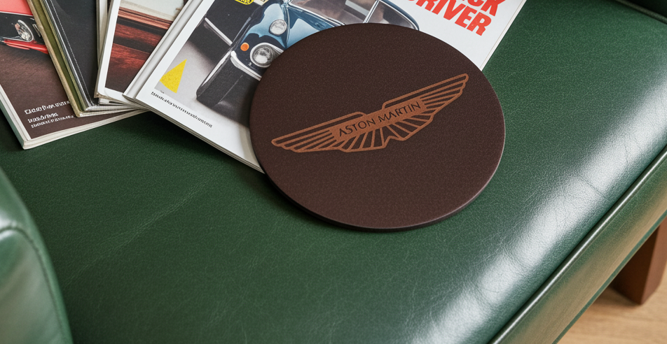 Set of 6 Car Logo Theme Round Wood Drink Coasters. Stylish and made to order. With Bumper Feet.
