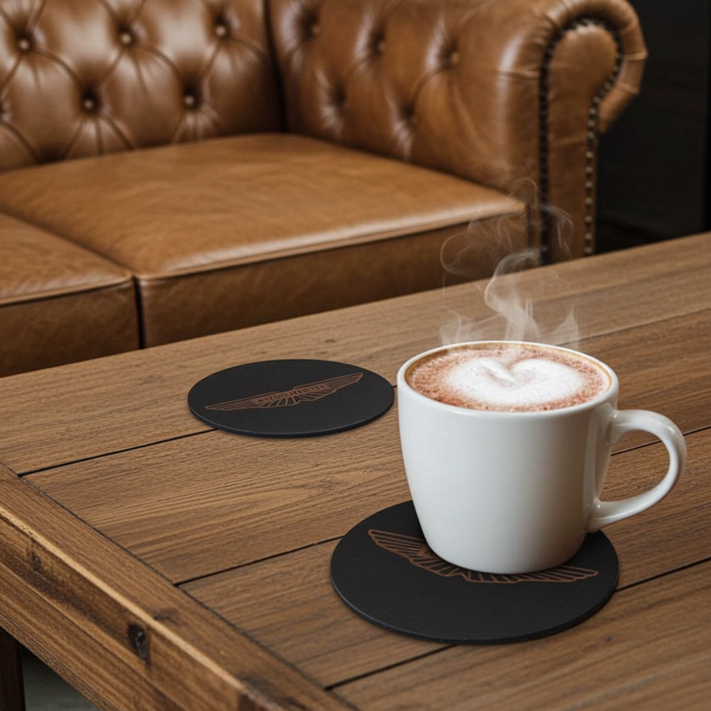 Set of 6 Car Logo Theme Round Wood Drink Coasters. Stylish and made to order. With Bumper Feet.