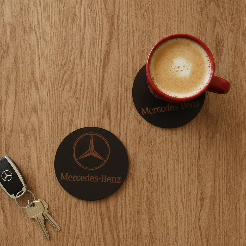 Set of 6 Car Logo Theme Round Wood Drink Coasters. Stylish and made to order. With Bumper Feet.