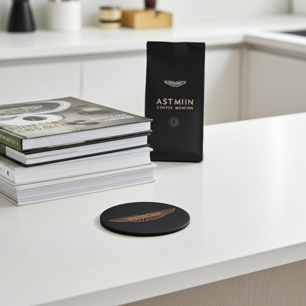 Set of 6 Car Logo Theme Round Wood Drink Coasters. Stylish and made to order. With Bumper Feet.