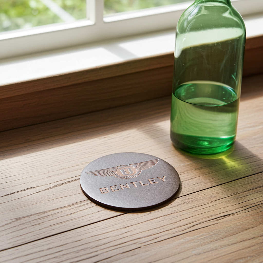 Set of 6 Car Logo Theme Round Wood Drink Coasters. Stylish and made to order. With Bumper Feet.