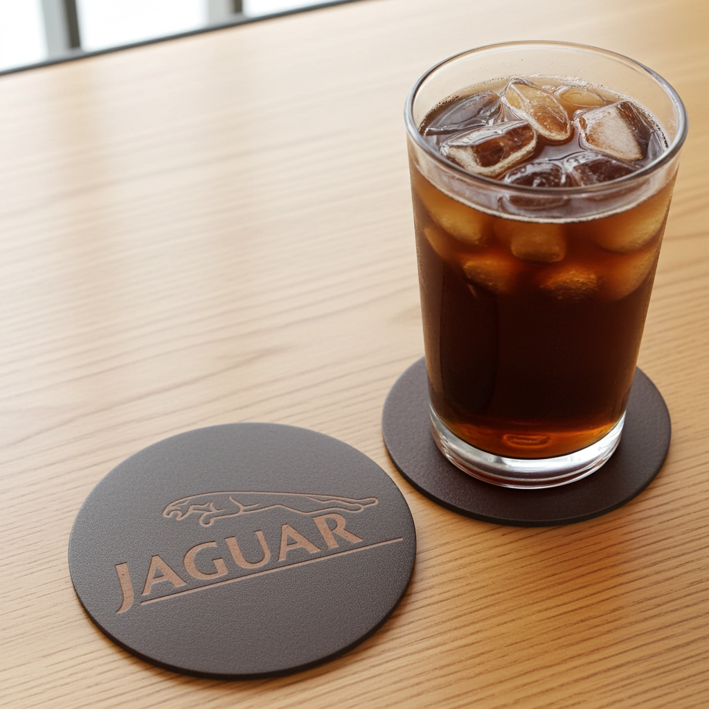 Set of 6 Car Logo Theme Round Wood Drink Coasters. Stylish and made to order. With Bumper Feet.