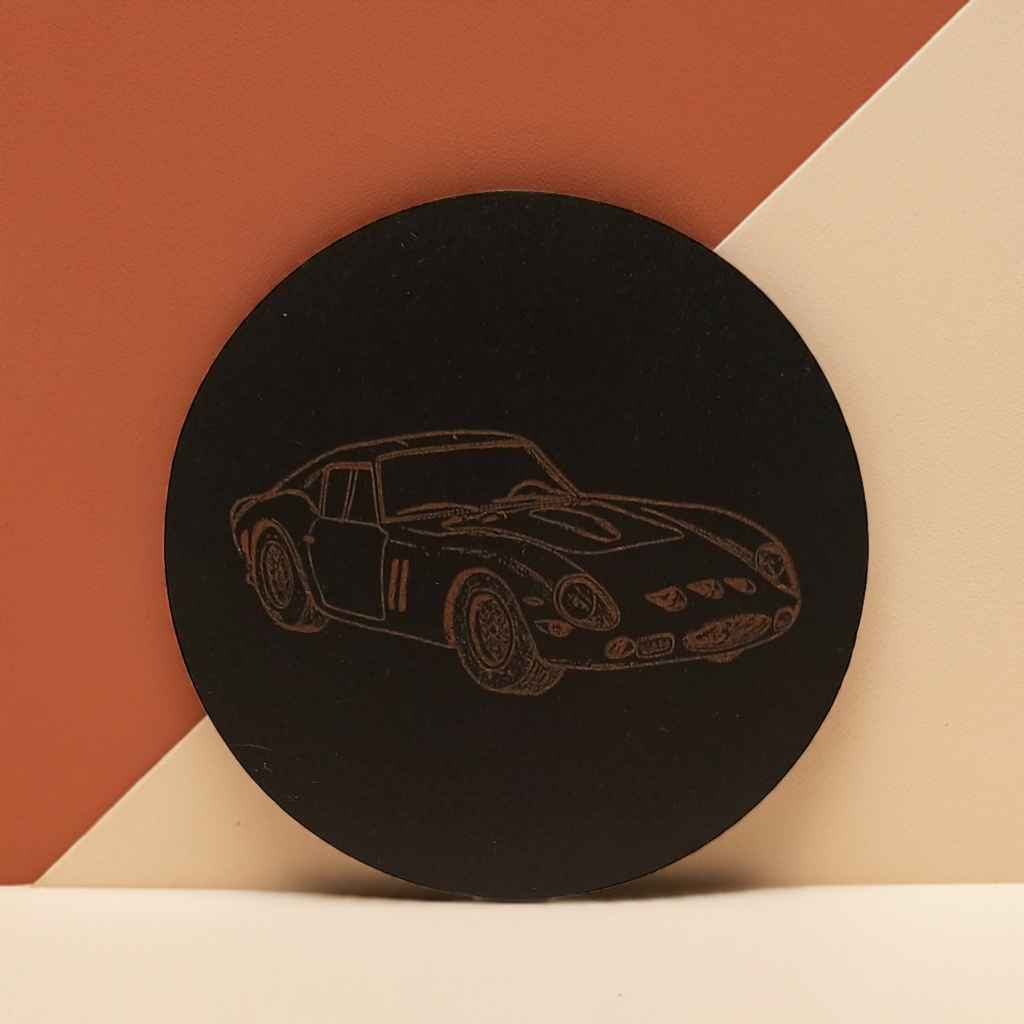Set of 6 Car Theme Round Wood Drink Coasters. Stylish and made to order. With Bumper Feet