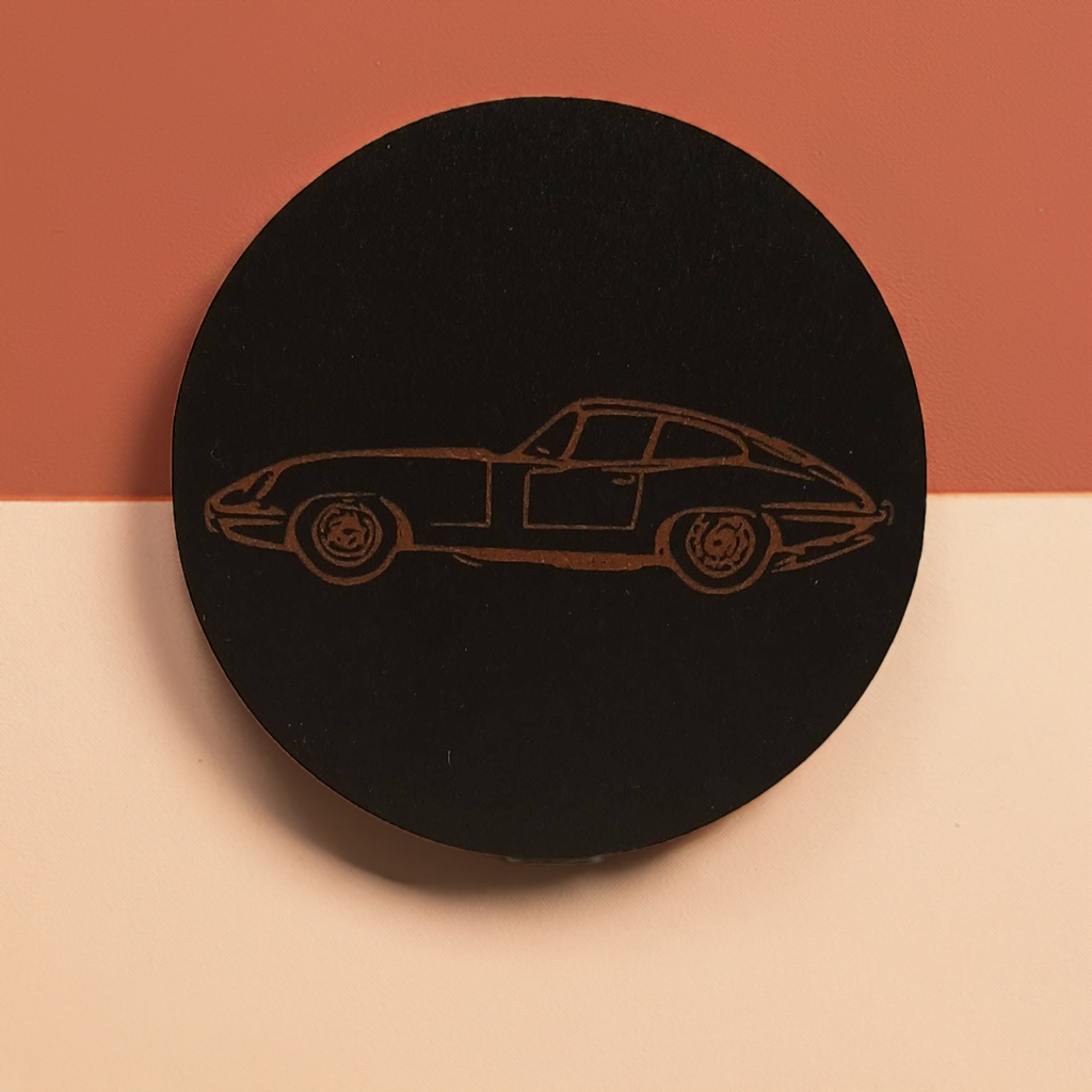 Set of 6 Car Theme Round Wood Drink Coasters. Stylish and made to order. With Bumper Feet