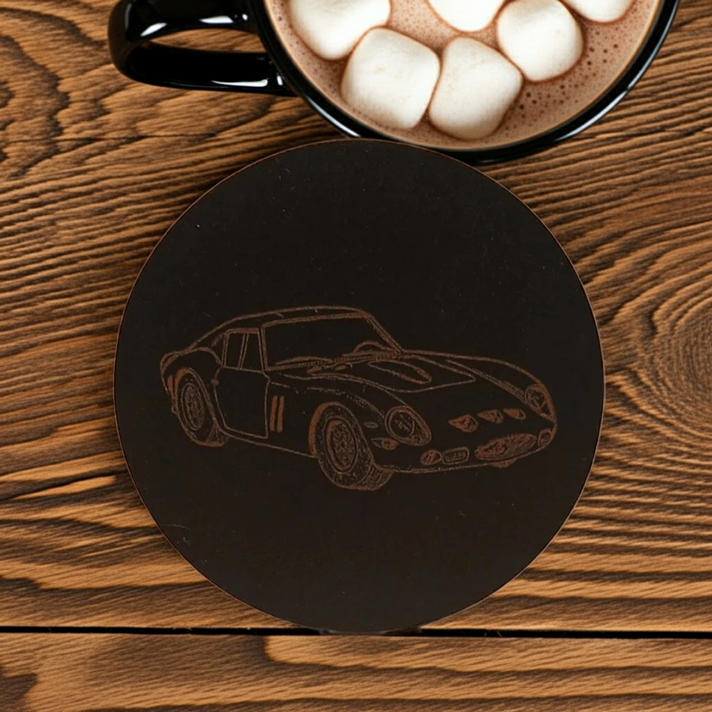 Set of 6 Car Theme Round Wood Drink Coasters. Stylish and made to order. With Bumper Feet