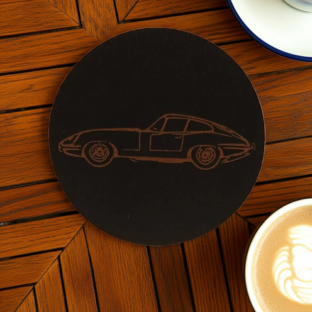 Set of 6 Car Theme Round Wood Drink Coasters. Stylish and made to order. With Bumper Feet