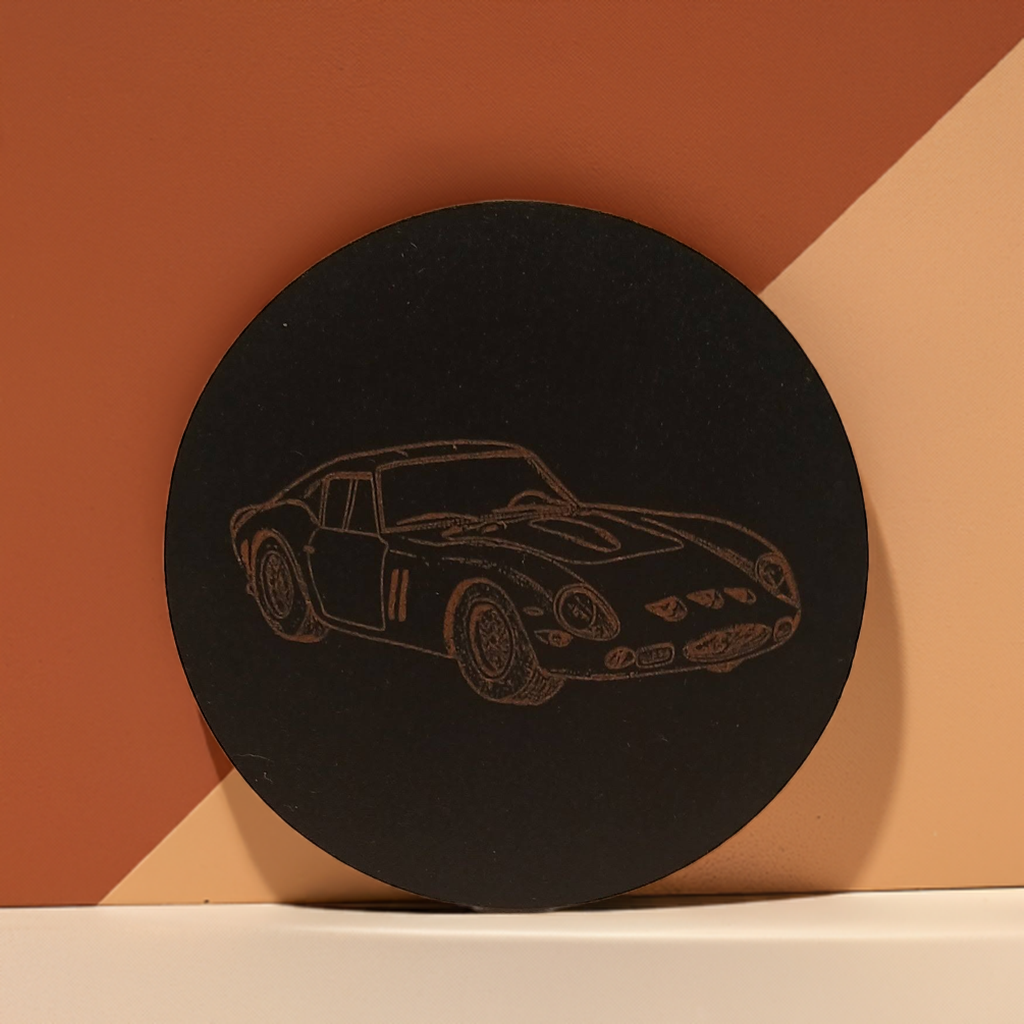 Set of 6 Car Theme Round Wood Drink Coasters. Stylish and made to order. With Bumper Feet
