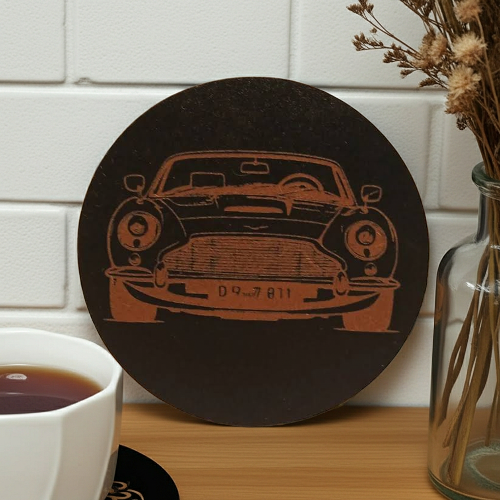 Set of 6 Car Theme Round Wood Drink Coasters. Stylish and made to order. With Bumper Feet