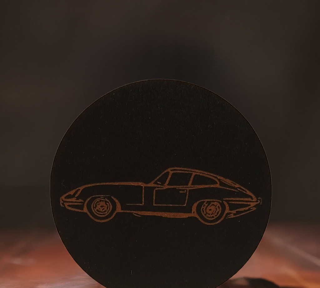 Set of 6 Car Theme Round Wood Drink Coasters. Stylish and made to order. With Bumper Feet