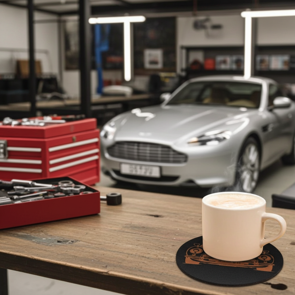 Set of 6 Car Theme Round Wood Drink Coasters. Stylish and made to order. With Bumper Feet