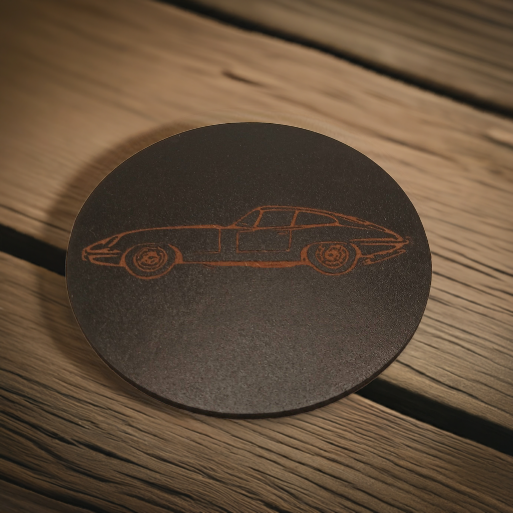 Set of 6 Car Theme Round Wood Drink Coasters. Stylish and made to order. With Bumper Feet
