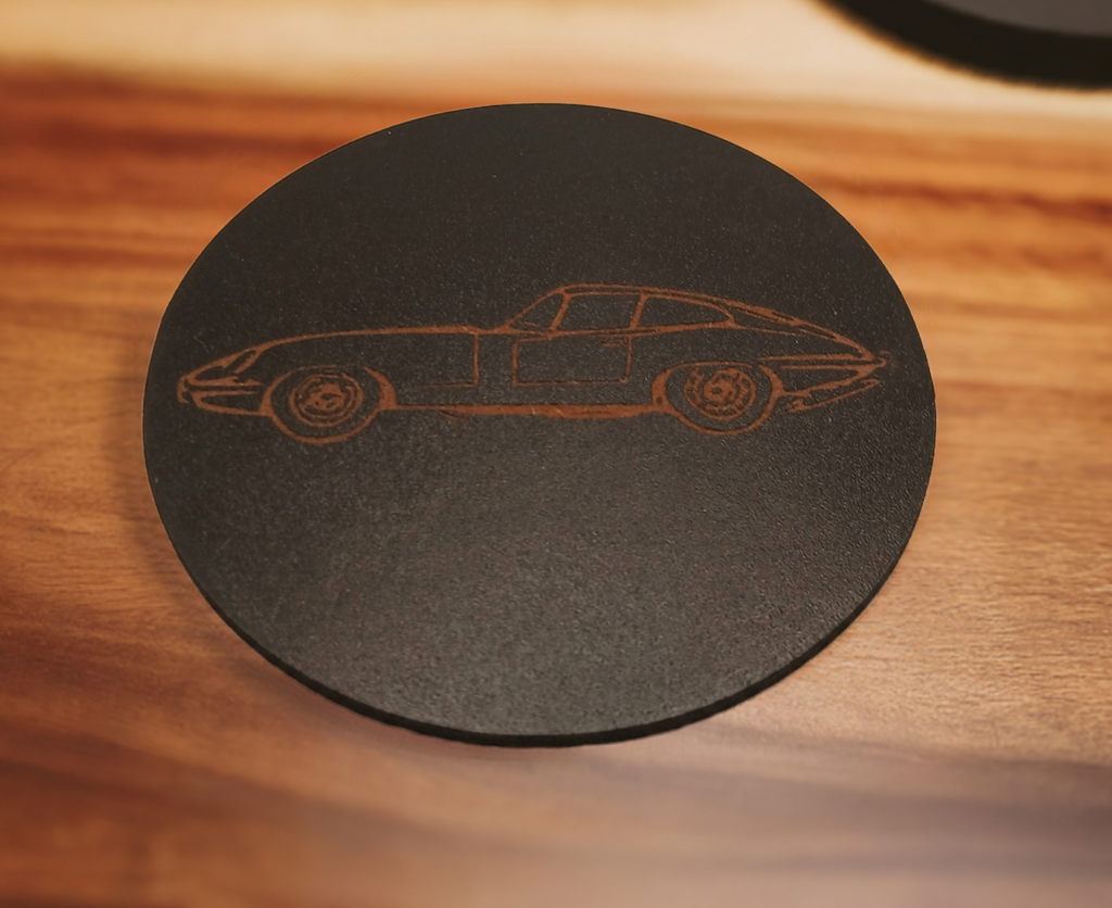 Set of 6 Car Theme Round Wood Drink Coasters. Stylish and made to order. With Bumper Feet