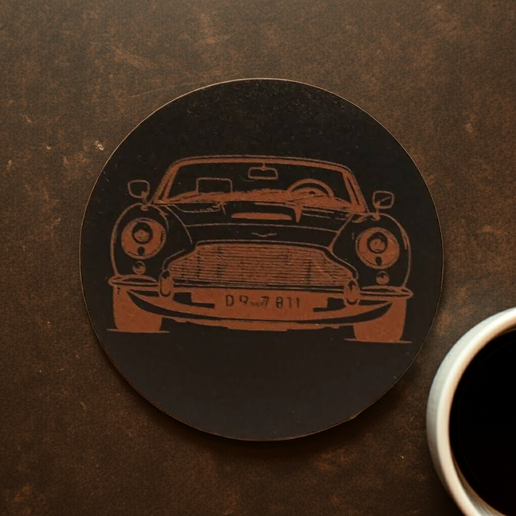 Set of 6 Car Theme Round Wood Drink Coasters. Stylish and made to order. With Bumper Feet
