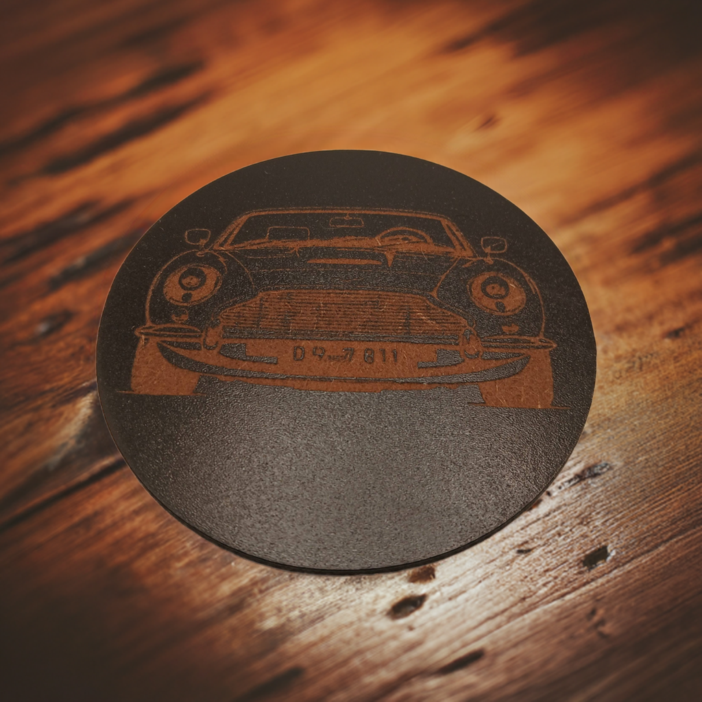 Set of 6 Car Theme Round Wood Drink Coasters. Stylish and made to order. With Bumper Feet
