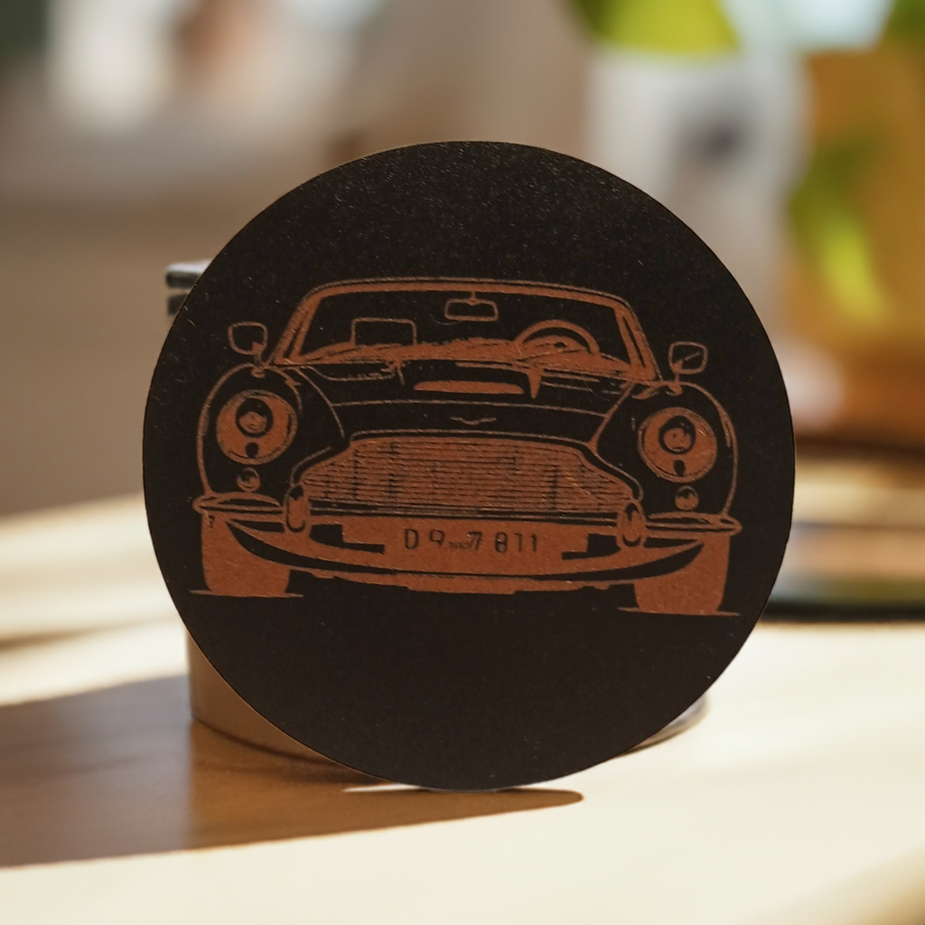 Set of 6 Car Theme Round Wood Drink Coasters. Stylish and made to order. With Bumper Feet