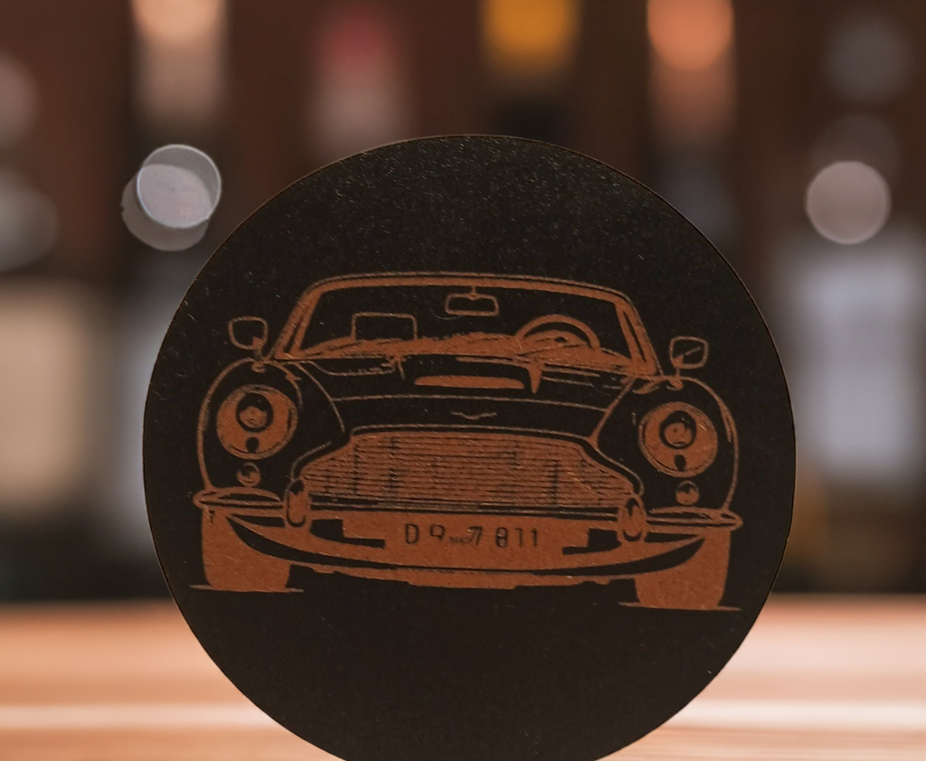 Set of 6 Car Theme Round Wood Drink Coasters. Stylish and made to order. With Bumper Feet