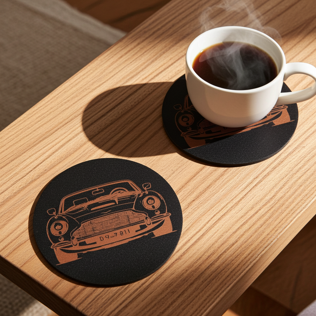 Set of 6 Car Theme Round Wood Drink Coasters. Stylish and made to order. With Bumper Feet