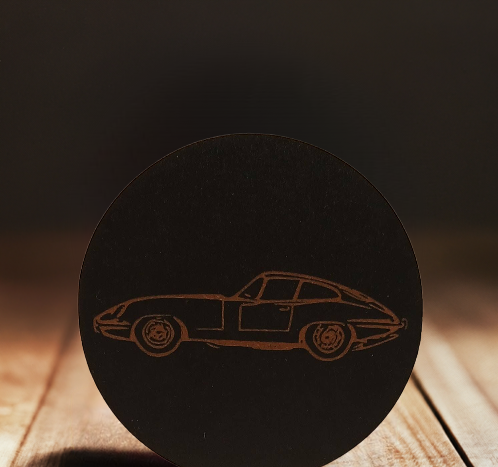 Set of 6 Car Theme Round Wood Drink Coasters. Stylish and made to order. With Bumper Feet