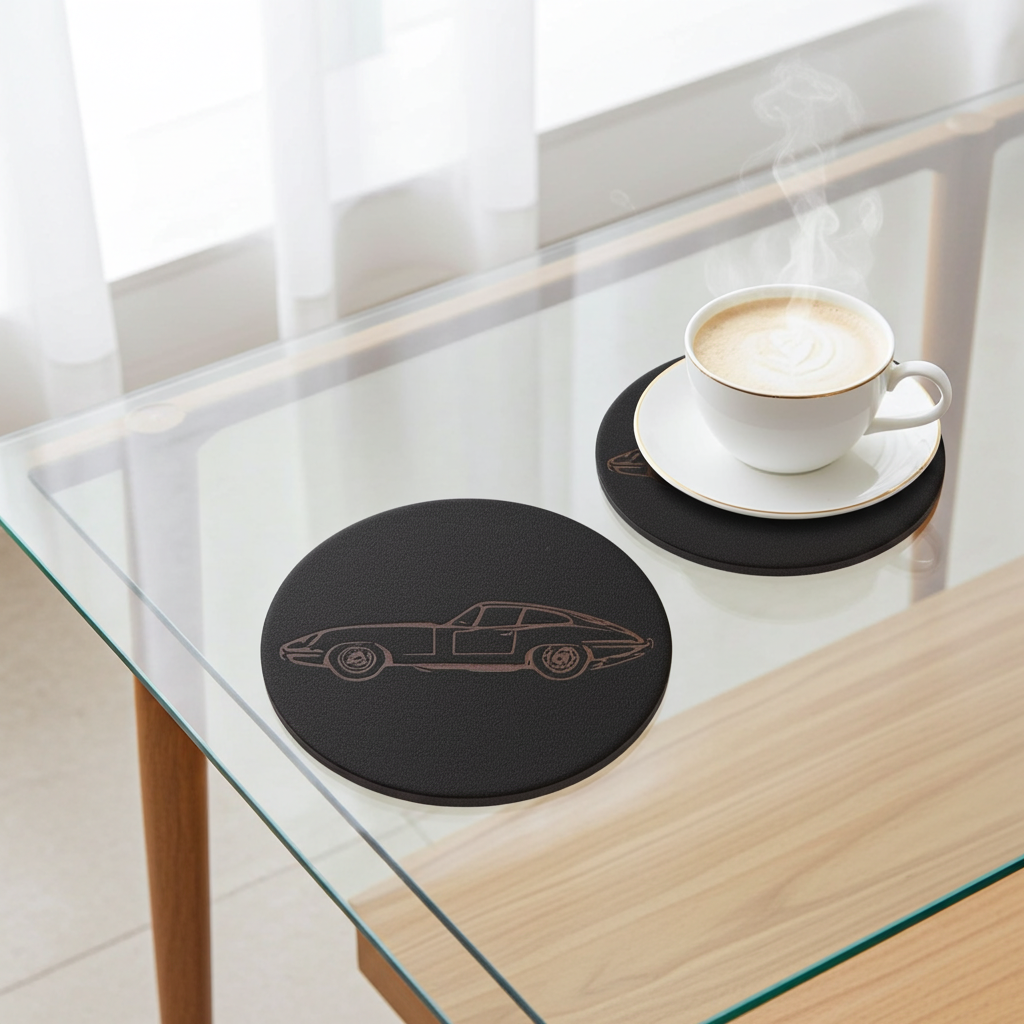 Set of 6 Car Theme Round Wood Drink Coasters. Stylish and made to order. With Bumper Feet