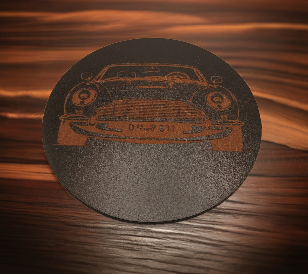 Set of 6 Car Theme Round Wood Drink Coasters. Stylish and made to order. With Bumper Feet