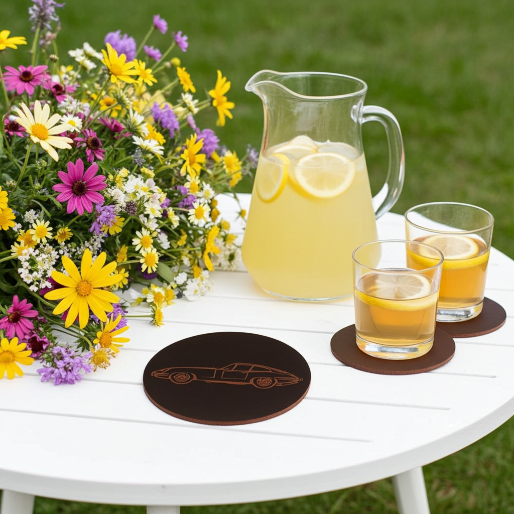 Set of 6 Car Theme Round Wood Drink Coasters. Stylish and made to order. With Bumper Feet
